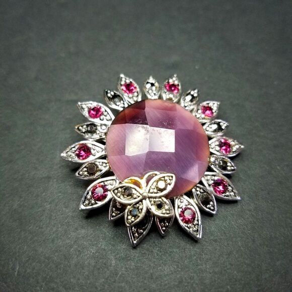 Vintage MONET Gorgeous Signed Purple Flower Butterfly Rhinestone Brooch Pin - Picture 1 of 6
